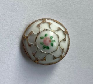 Antique Vintage Victorian White Glass Button W/ Pink Rose And Gold Luster
