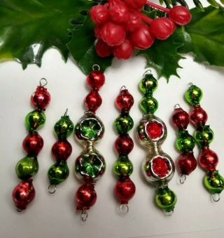 Vtg Mercury Glass Beads Icicle 7 Christmas Ornaments Double Indent Green Red