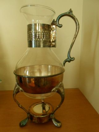 Vintage Silver Plated & Glass Coffee Carafe Pot And Stand.  Corning Glass
