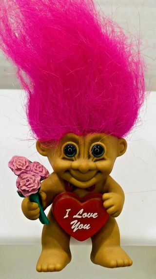 Valentines Day I Love You Shelf Sits Hangs Out Flowers Gifts Vintage Troll Doll