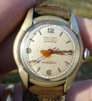 Vintage Precimax 17 Jewel Watch For Repair Sector Dial Military Style