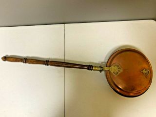 Vintage Copper And Brass Bed Warmer,  Warming Pan W/ Long Wood Handle
