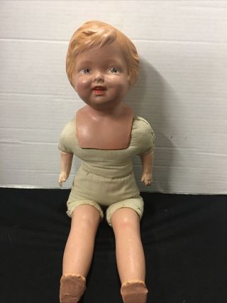 Antique Composition/cloth Doll W/molded Blonde Hair Painted Features 19”