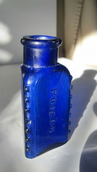 Rare 3 - Sided Embossed Blue Poison Bottle Studs Opaque Glass 3 3/4” Tall