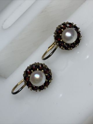 Antique Bohemian Czech Garnet Pearl Flower Drop Lever Back Earrings
