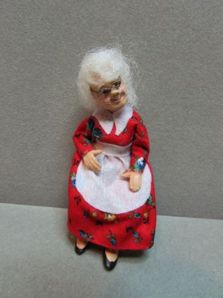 Vintage Miniature Dollhouse Artisan Sculpted Doll Little Old Lady In Red Dress