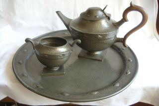Antique / Vintage Don Pewter Arts & Crafts Hammered Tray,  Teapot & Sugar Bowl.