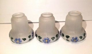 Set Of 3 Antique 2 1/4 " Fitter Electric Shades Reverse Painted Flowers