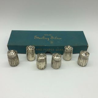 6 Vintage Mini Solid Sterling Silver Salt Pepper Shaker Set 1 - 1/4 " Tall Orig Box