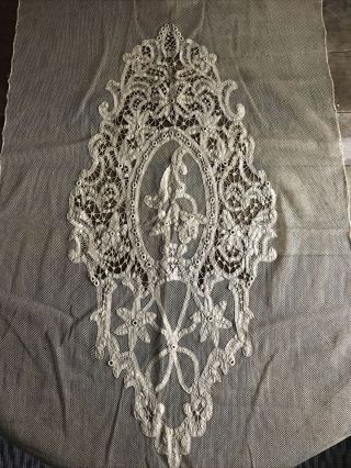 Large Piece Of Antique Ecru Bobbin Lace On Netting