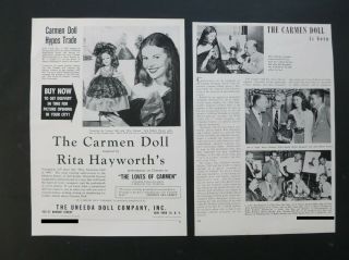 Vtg Rare 1948 Dealer Ad & Release Article - Uneeda Carmen Doll Rita Hayworth