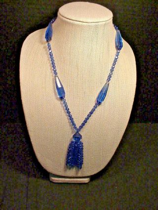 Vintage Baby Blue Flapper Long Glass Beaded Necklace W/ Tassel Jazz Era 28 "