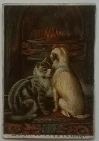 Antique Chromo Victorian 1870s Album.  Christmas Card.  Cat/dog/warm Glow.  11x7.  5cm
