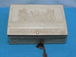 Antique Paper Cardboard Gift Box Victorian Look Cherubs Snap Tassel 6 