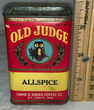 Antique Old Judge Owl Allspice Spice Tin David G Evans Coffee Co Can St Louis Mo