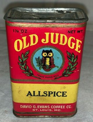ANTIQUE OLD JUDGE OWL ALLSPICE SPICE TIN DAVID G EVANS COFFEE CO CAN ST LOUIS MO 3