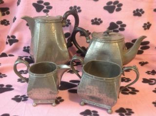 Vintage Hand Beaten Pewter Tea Pot - Coffee / Hot Water - Milk Jug & Sugar Bowl