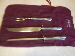 Nobility Vtg 1939 Royal Rose Silverplated Carving Set Knife Fork & Sharpener