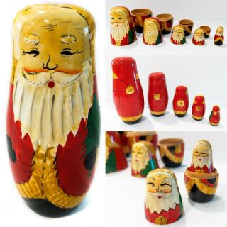 (5) Vintage Hand Painted Wooden Santa Claus Nesting Dolls 6 " Tall - 1 - 3/4 " Xmas