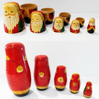 (5) Vintage Hand Painted Wooden Santa Claus Nesting Dolls 6 