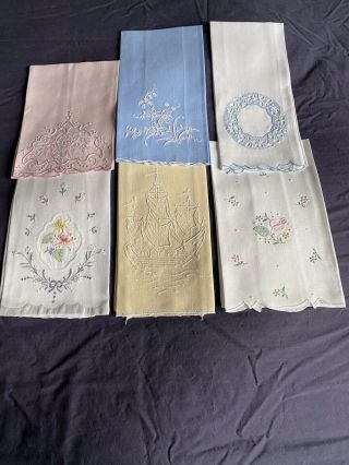 6 Vintage Linen Madeira Work Hand Embroidered & Appliqué Guest Towels