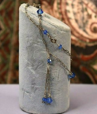 Antique Art Deco 925 Sterling Silver Blue Glass Lavalier Dangle Necklace