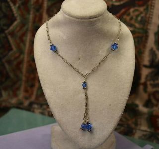 Antique Art Deco 925 sterling silver blue glass lavalier dangle necklace 2