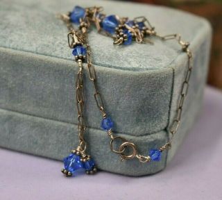 Antique Art Deco 925 sterling silver blue glass lavalier dangle necklace 3