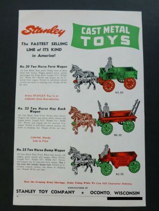 Vtg Rare 1948 Dealer Ad - Stanley Cast Iron Two Horse Farm Hay Dump Wagon 1940’s