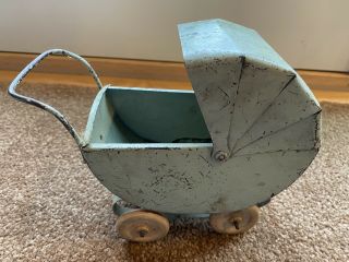 Antique Toy Miniature Baby Carriage Green Metal Flip Top With Wooden Wheels