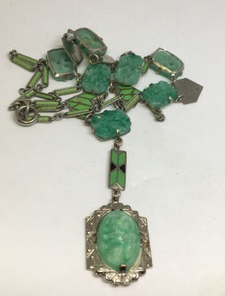 Antique Art Deco Glass Carved 17” Necklace Womens Details