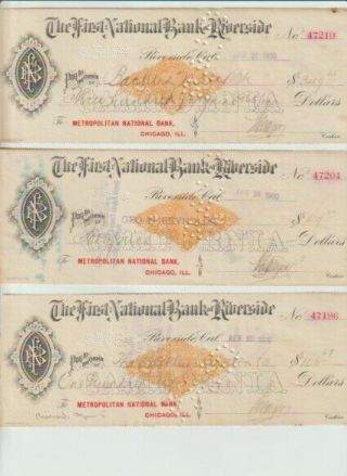 3 Antique Checks The First National Bank Of Riverside California April 1900 Auto