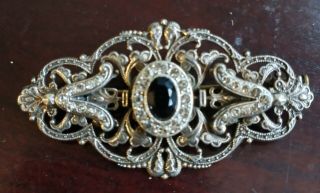 Antique Vintage Silvertone Pin Brooch W Black & Clear Stones And Trumpet Closure