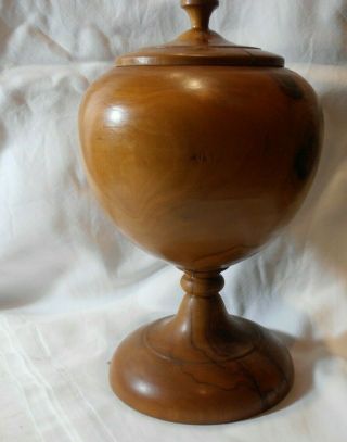 Olive Wood Turned Wood Casket Pedestal Bowl & Lid Carved Wooden Art Treen