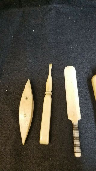 Antique 3 Pc Bone Manicure Set With Cricket Bat Pusher - Fancy Tweezers - Pad Set
