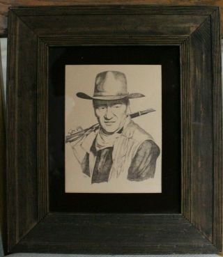 John Wayne Cowboy Print Of Pencil Sketch Signed M.  Chin 1978 - Matted Framed