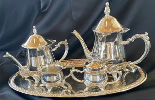 Silver Plated Tea Set,  Sugar,  Creamer,  2 Tea Pots,  Tray - Made In China