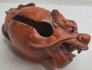 Vintage Japanese Oriental Netsuke Carved Wood Dragon Signed