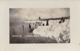 Nw Charlevoix Mi Rppc C.  1908 Ice Skating On Lake Michigan At The Uscg Lighthouse