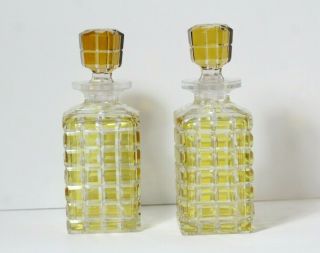 2 Antique Yellow Cut To Clear Crystal Glass Whiskey Liquor Decanters