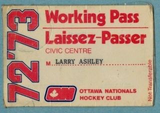 1972 73 Wha Ottawa Nationals Trainer Larry Ashley Pass Rare Canucks
