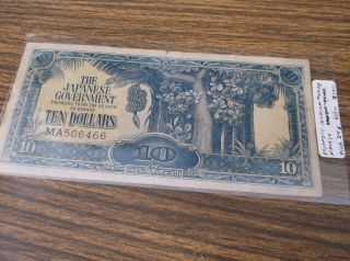Rare 1942 The Japanese Government Malaya 10 Ten Dollars W/ Sn Ma506466 Wwii