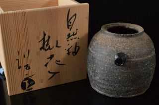 X6376: Japanese Shigaraki - Ware Hanging Flower Vase Ikebana,  Auto W/signed Box