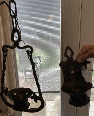 Antique Wrought Iron Hanging Light And Sconce 1920s