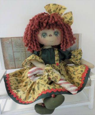 Prim Art Doll Hm Raggedy Ann Doll Country Christmas " Melissa " Candy Cane