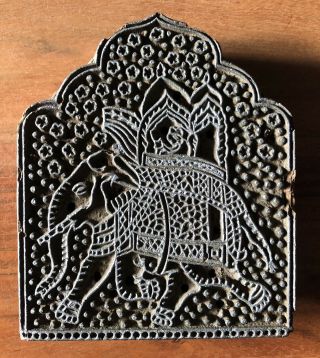 Vintage Hand Carved Wood Batik Textile Print Block India - Man Riding Elephant