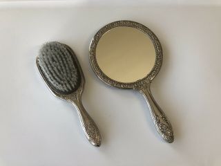 Vintage Silver Plated Hand Mirror And Matching Brush Vanity Set