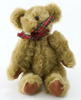 Vintage Steiff? Brown Teddy Bear With Plaid Ribbon Plastic Eyes Jointed 10” Tall