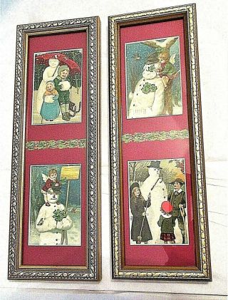 Snowman Antique Postcards,  1907 - 1910,  4 Postcards,  Border & Frame,  13.  5 " X 7 ",  Pair