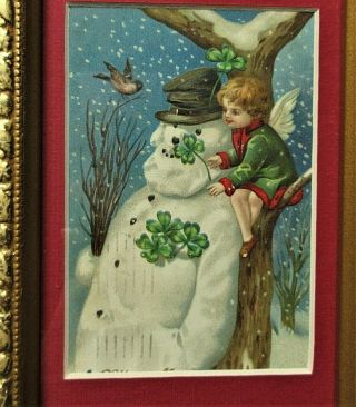 Snowman antique postcards,  1907 - 1910,  4 postcards,  border & frame,  13.  5 